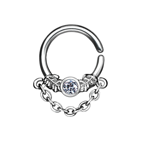 Septum ring silver with crystal and chain
