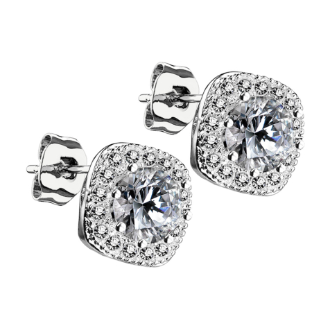 Stud earrings silver square with crystal border and crystal in the middle