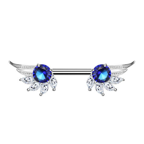 Barbell silver angel wings with blue crystal