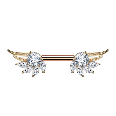 Barbell rose gold angel wings with crystal silver
