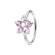 Micro piercing ring silver crystal flower pink