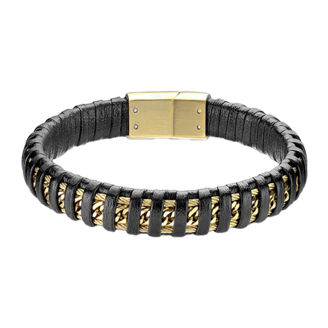 Black leather bracelet with gold chain