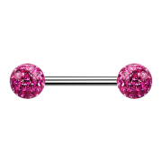 Barbell argent avec deux boules de cristal rose couche...
