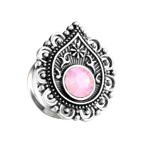 Flared plug filigree drop with opal stone pink