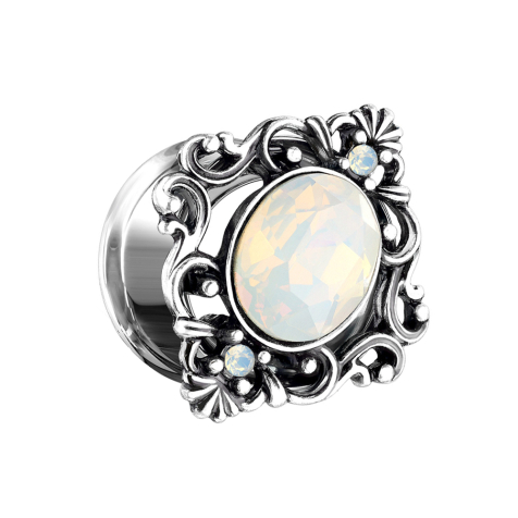 Flared tunnel filigree square with opal crystal oval