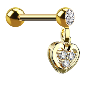 Micro barbell 14k gold-plated with heart and crystal pendant