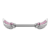 Barbell silver angel wings crystal pink