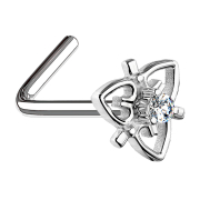 Nose stud angled silver filigree heart with crystal