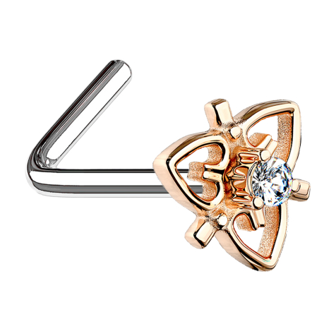 Angled nose stud rose gold filigree heart with crystal
