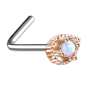 Angled rose gold drop nose stud with white opal