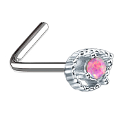Nose stud angled silver drop with pink opal