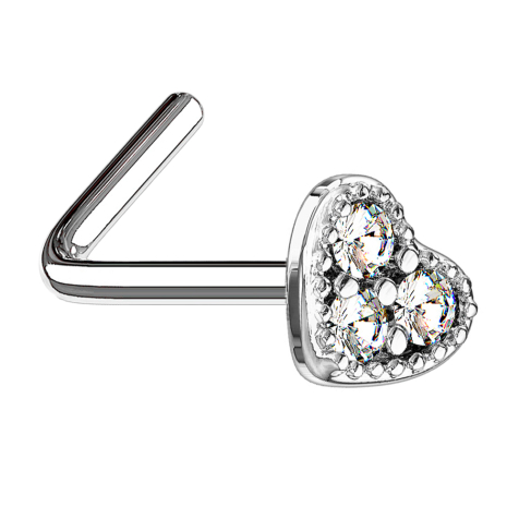 Nose stud angled silver heart crystal silver