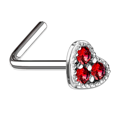 Nose stud angled silver heart crystal red