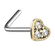 Angled nose stud 14k gold-plated heart crystal silver