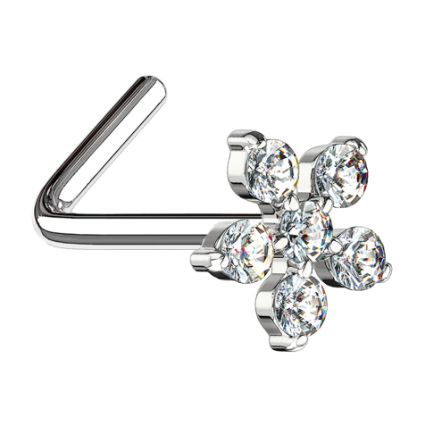 Nose stud angled silver flower crystal silver