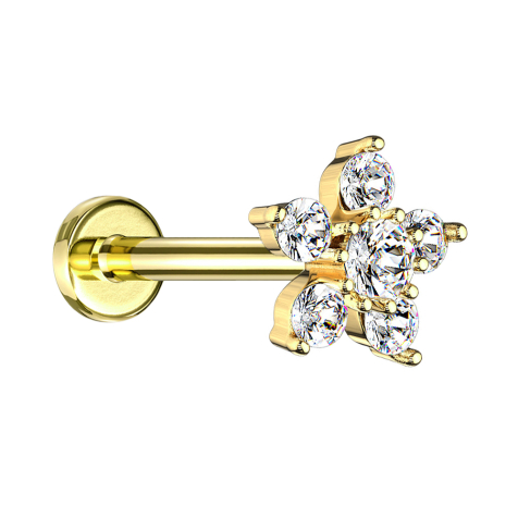 Micro labret internal thread 14k gold-plated flower crystal silver