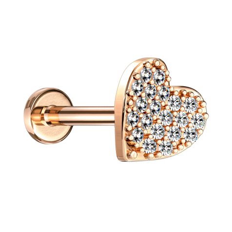 Micro labret internal thread rose gold heart with crystals