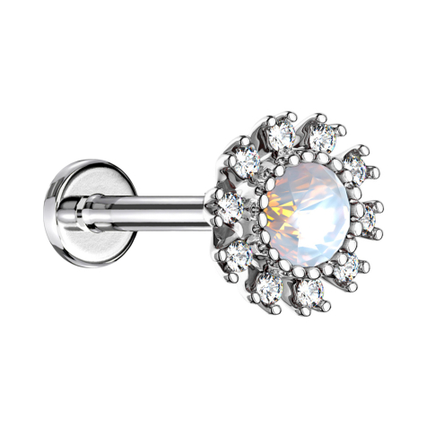 Micro labret femelle argenté double cristal pavé argenté