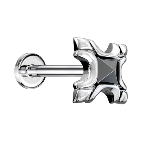 Micro Labret femelle argenté bouclier tribal avec cristal noir