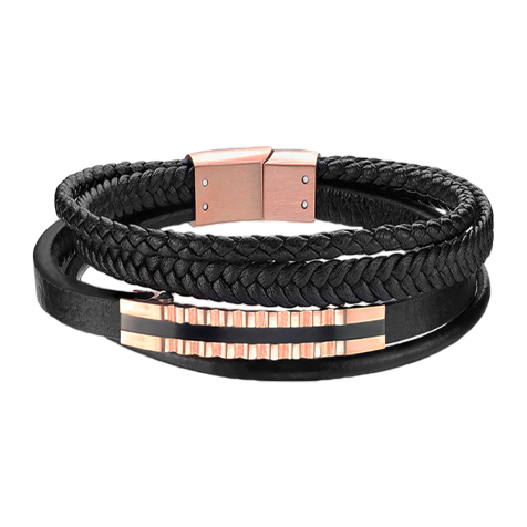 Black leather strap with four bands and rose gold banner