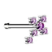 Nose stud straight silver cross with crystal tanzanite