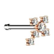 Nose stud straight rose gold cross with silver crystal