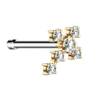 Nose stud straight gold-plated cross with silver crystal