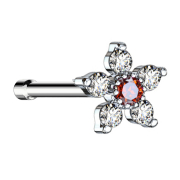 Nose stud straight silver flower with crystal red and silver