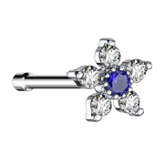 Nose stud straight silver flower with crystal blue and...