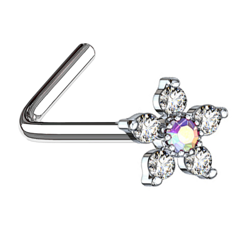 Clou de nez coudé argent fleur avec cristal multicolore et argenté