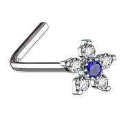 Nose stud angled silver flower with crystal blue and silver