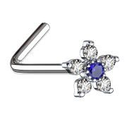 Clou de nez coudé argent fleur avec cristal bleu...