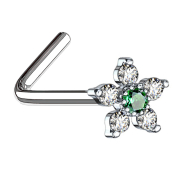 Nose stud angled silver flower with crystal green and silver
