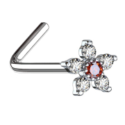 Clou de nez coudé argent fleur avec cristal rouge...