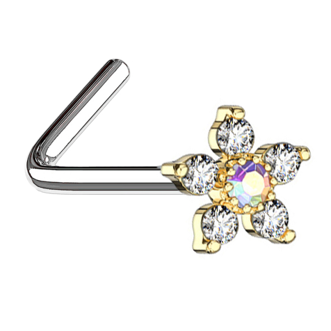 Nasenstecker gewinkelt vergoldet Blume mit Kristall multicolor und silber