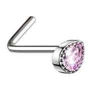 Angled nose stud silver crystal drops pink