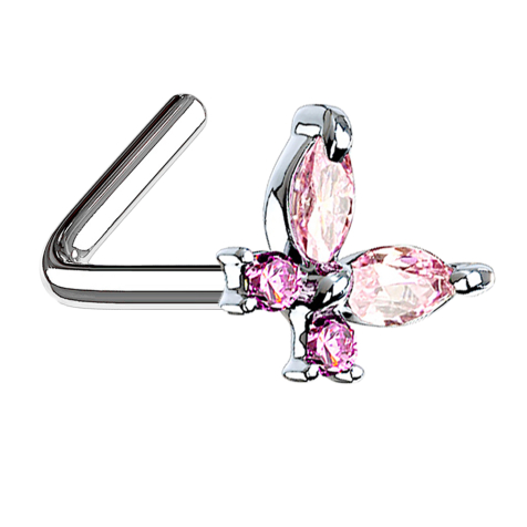 Clou de nez angulaire argenté papillon avec cristaux roses