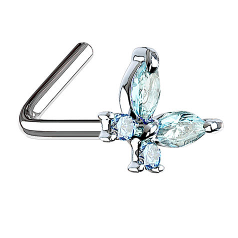 Clou de nez coudé argent papillon avec cristaux aqua