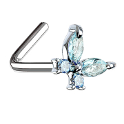 Nose stud angled silver butterfly with crystals aqua