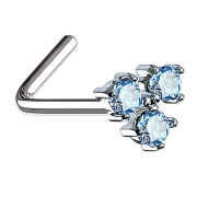 Nose stud angled silver with three aqua crystals