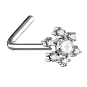 Nose stud angled silver flower with large crystal silver