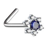 Nose stud angled silver flower with large blue crystal