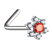 Nose stud angled silver flower with large red crystal