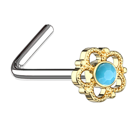 Clous de nez coudés dorés fleur avec pierre turquoise