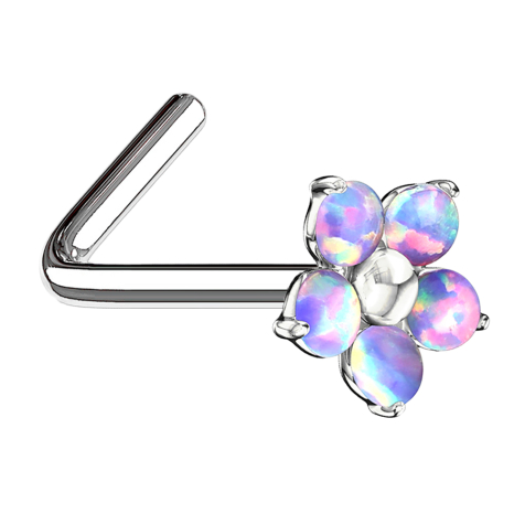 Nose stud angled silver opal flower violet