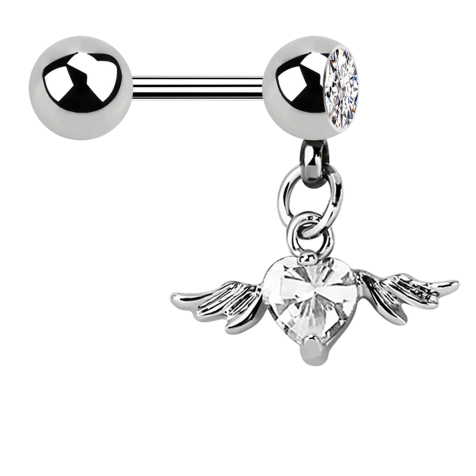 Micro barbell with ball and pendant wing crystal heart silver