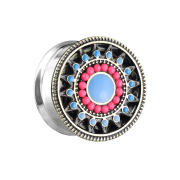 Flared plug Aztec tribal with pearls and turquoise stone