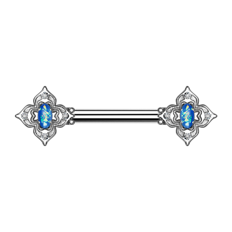 Barbell argent carré de fleurs filigrane avec opale bleue