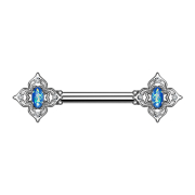 Barbell silver flower square filigree with blue opal