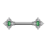 Barbell silver flower square filigree with opal green